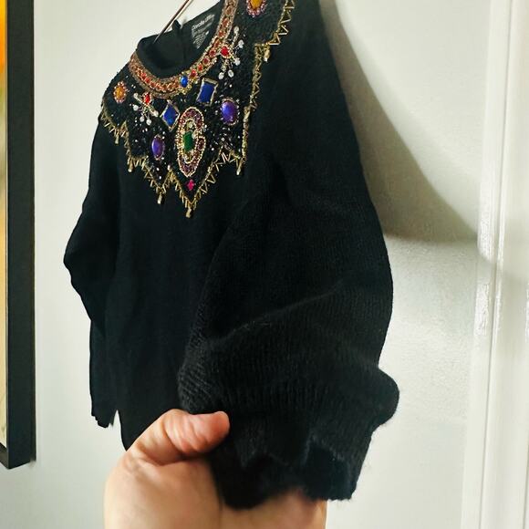 CAROLE LITTLE Vintage Jewel Embroidered 100% Black Wool Sweater Size Large - Picture 3 of 11